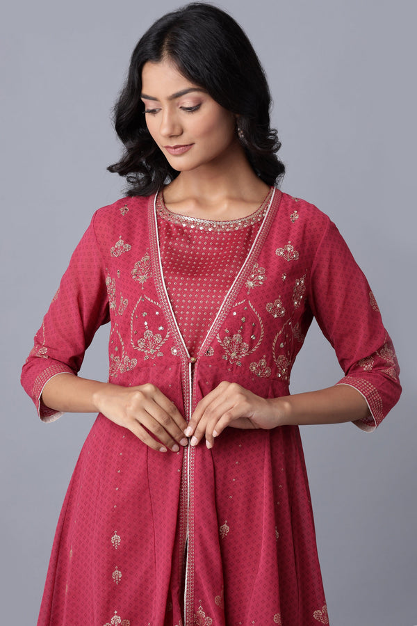 Wine Layered kurta-Solid Tights Set