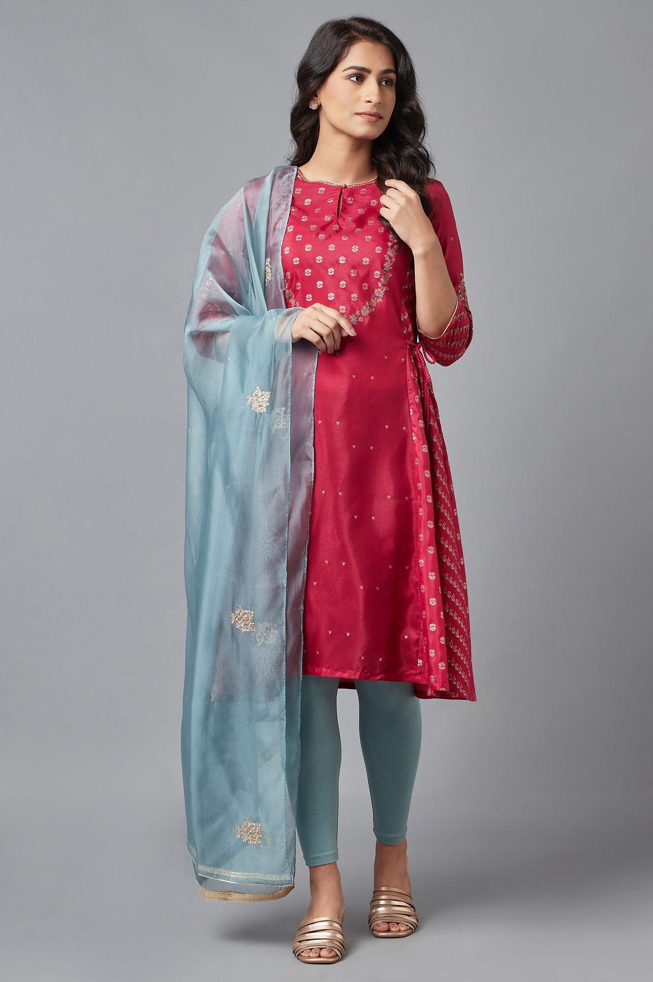 Persian Red Embroidered Flared kurta-Solid Tights-Dupatta Set - wforwoman