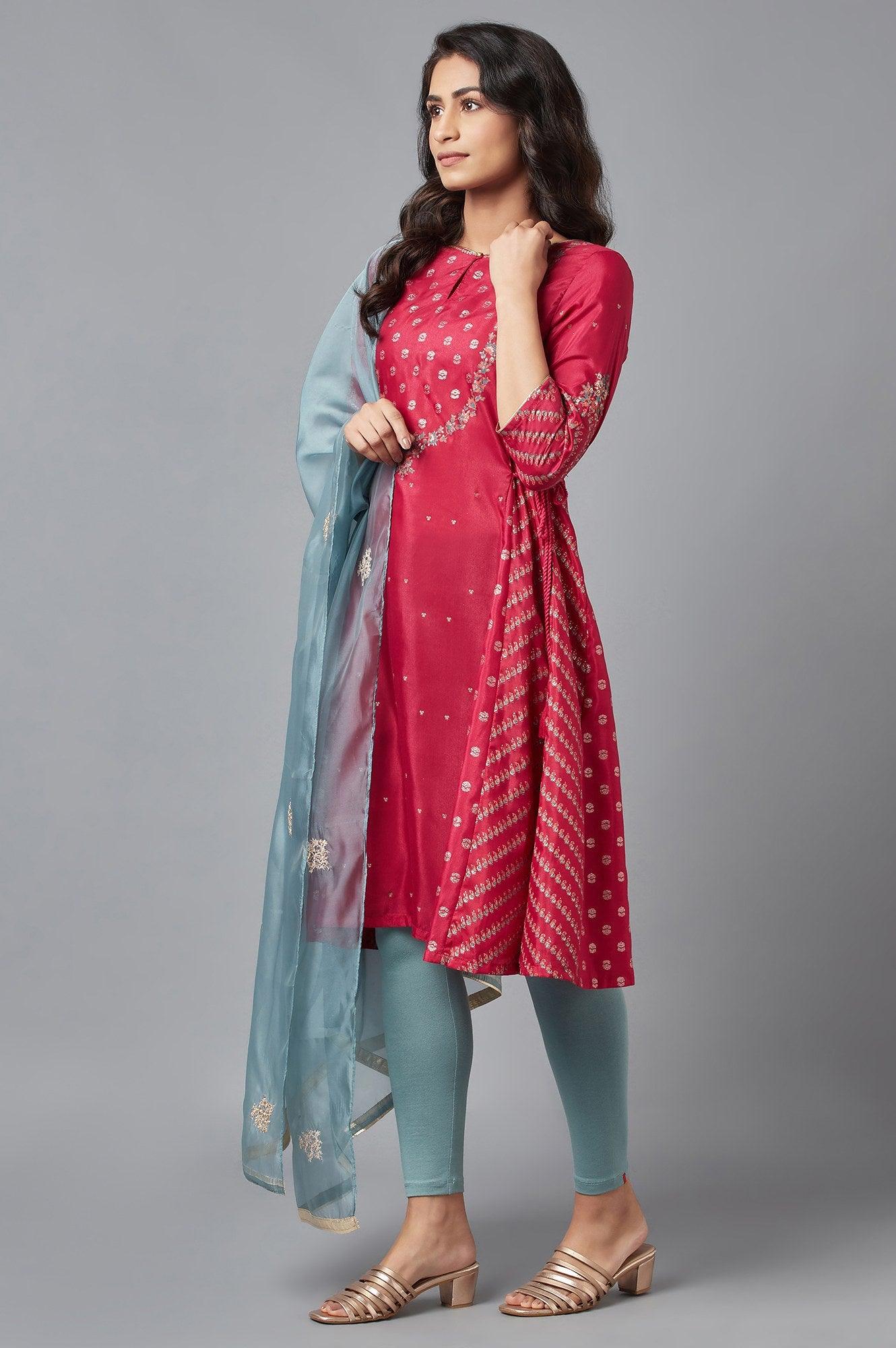 Persian Red Embroidered Flared kurta-Solid Tights-Dupatta Set - wforwoman