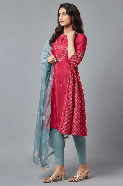 Persian Red Embroidered Flared kurta-Solid Tights-Dupatta Set - wforwoman