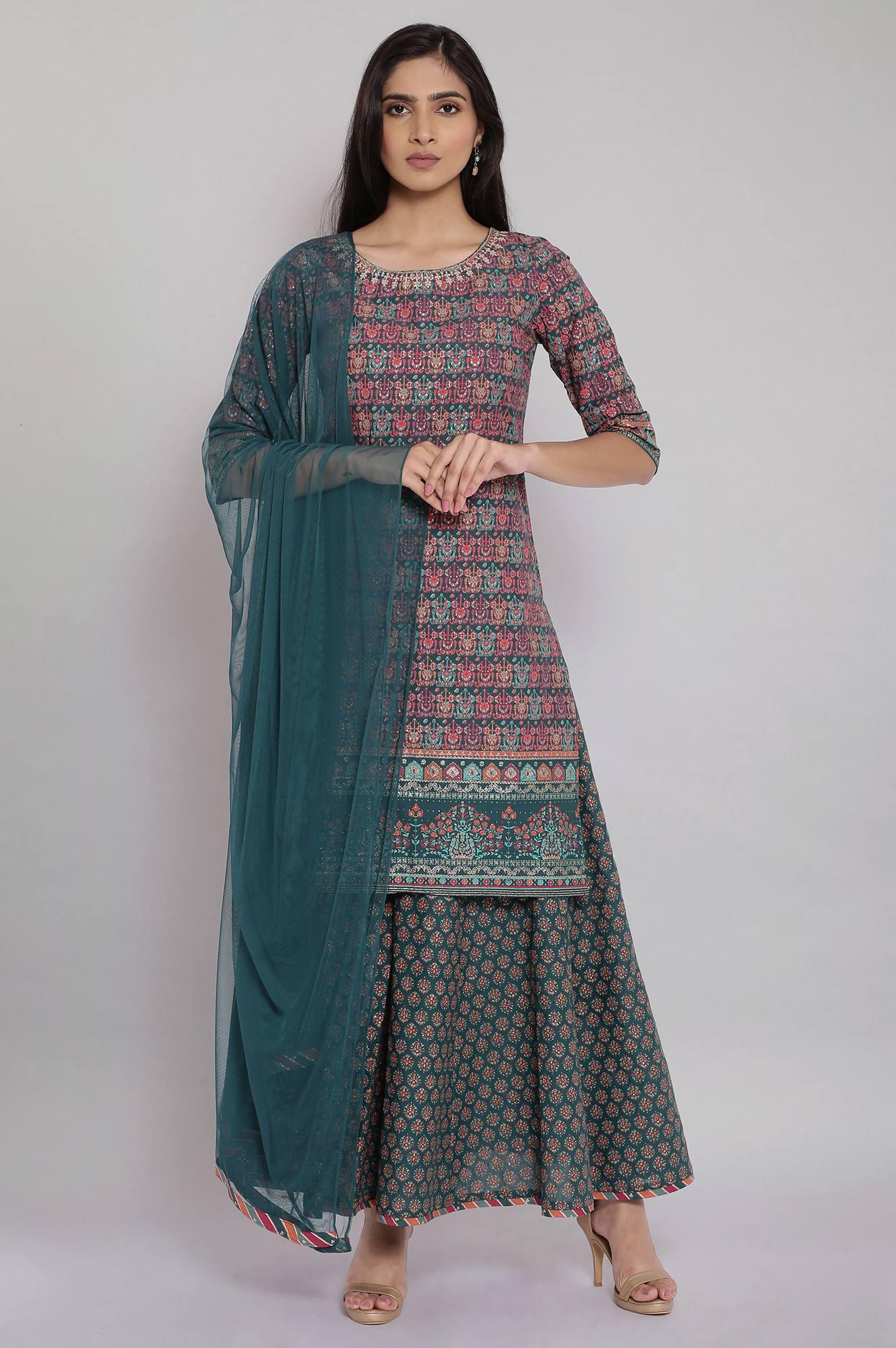 Green Printed Straight kurta-Culottes-Dupatta Set - wforwoman