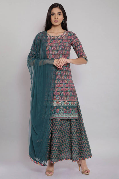 Green Printed Straight kurta-Culottes-Dupatta Set - wforwoman