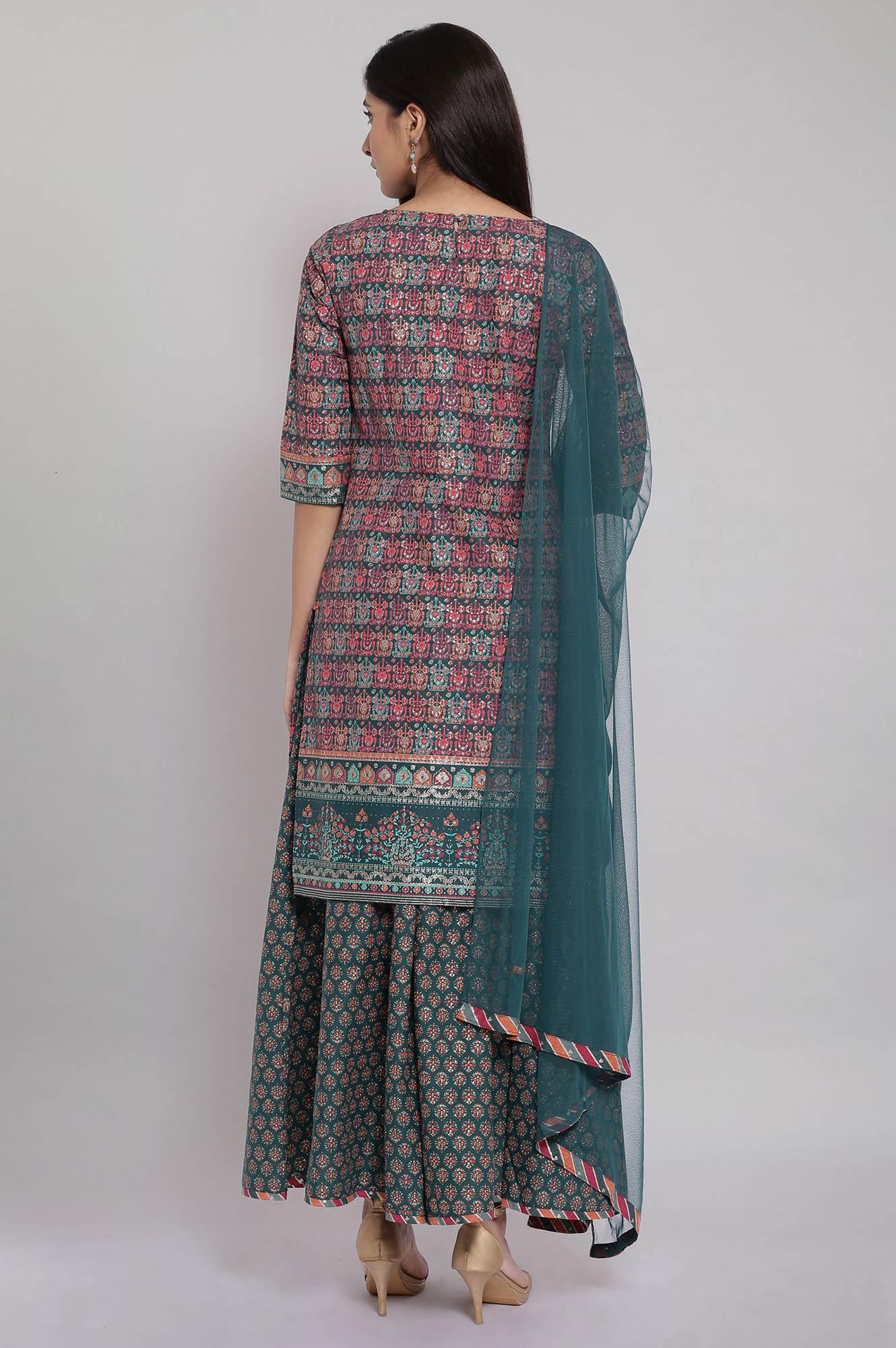 Green Printed Straight kurta-Culottes-Dupatta Set - wforwoman