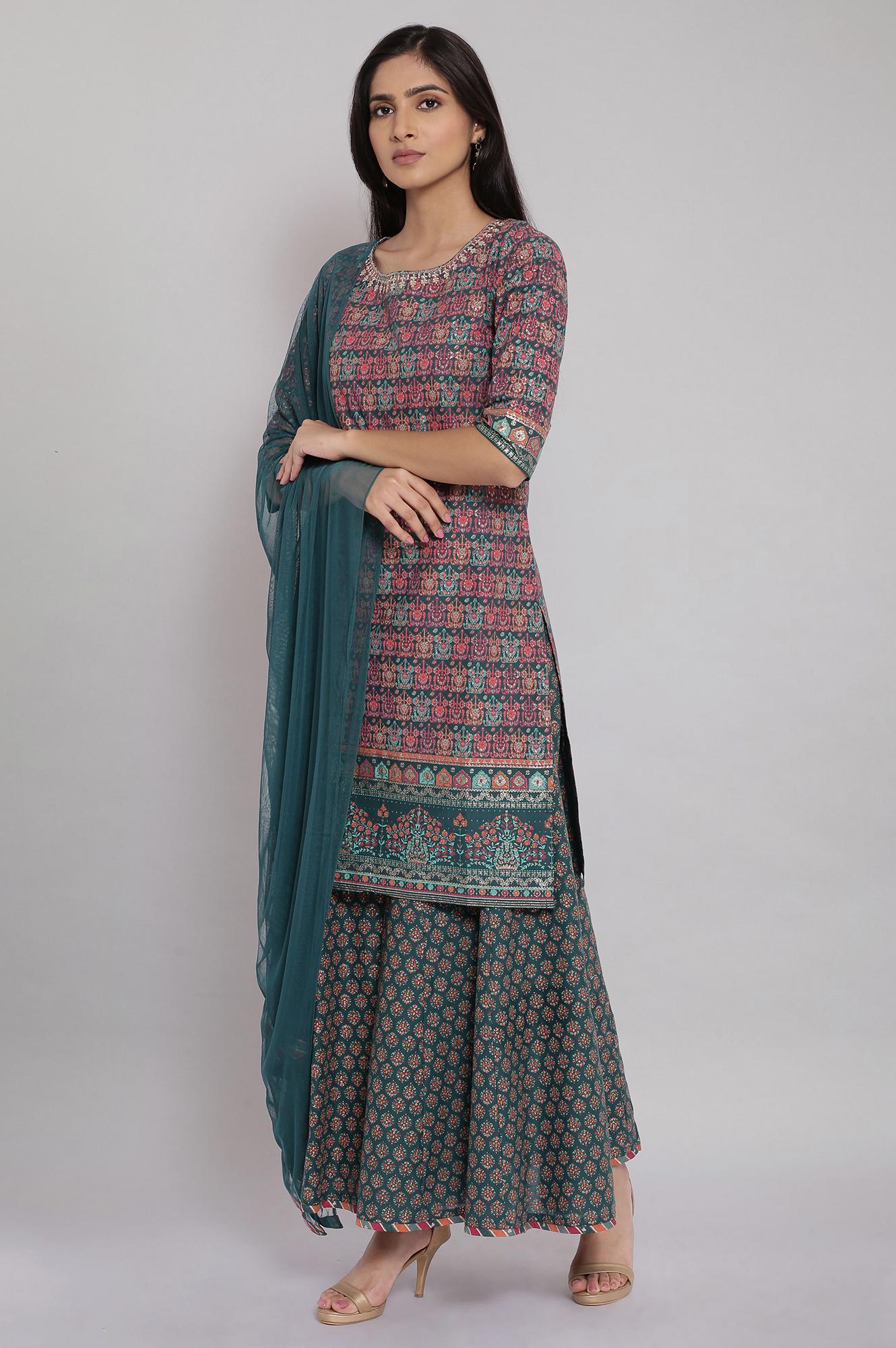 Green Printed Straight kurta-Culottes-Dupatta Set - wforwoman