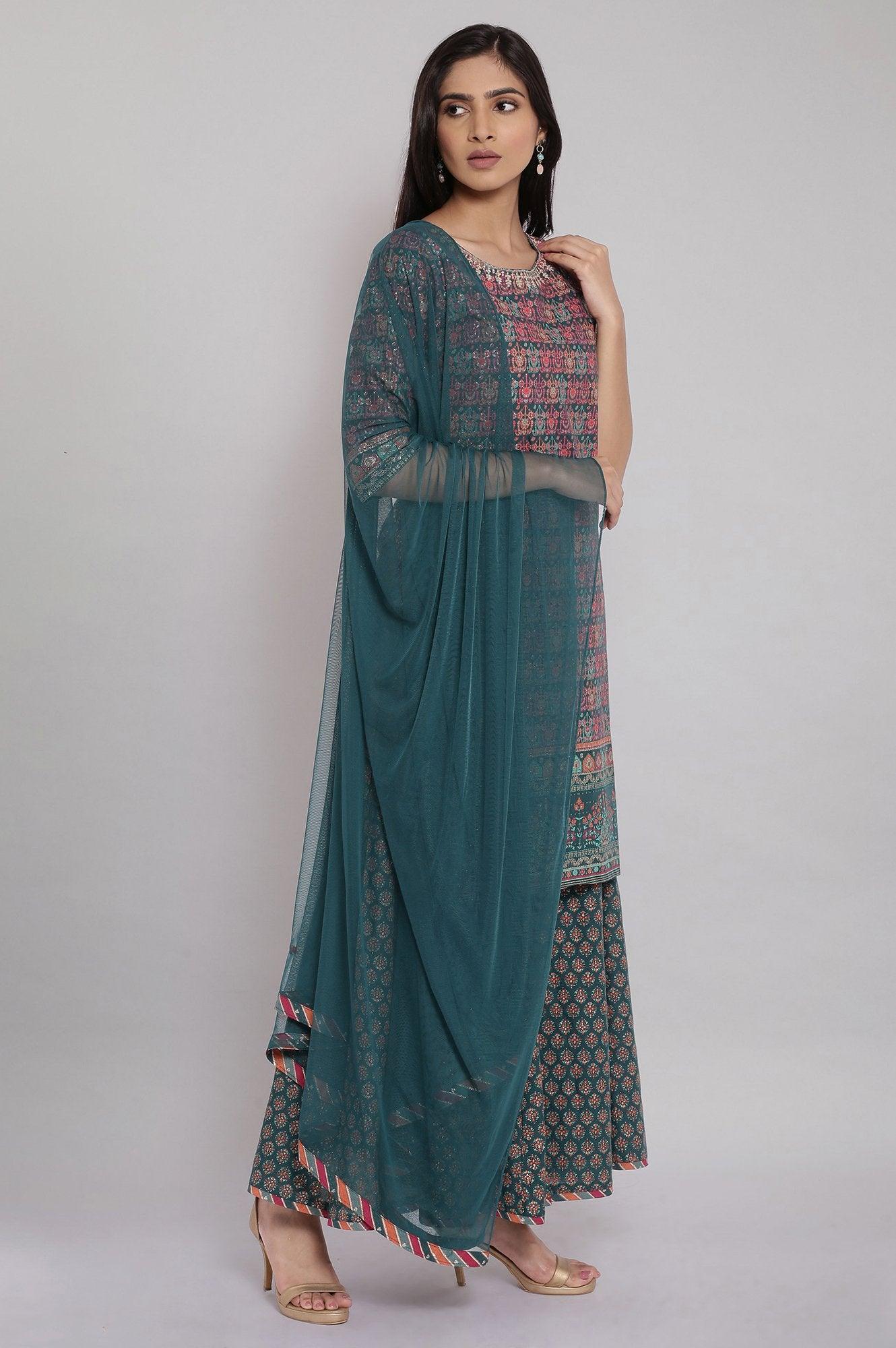 Green Printed Straight kurta-Culottes-Dupatta Set - wforwoman