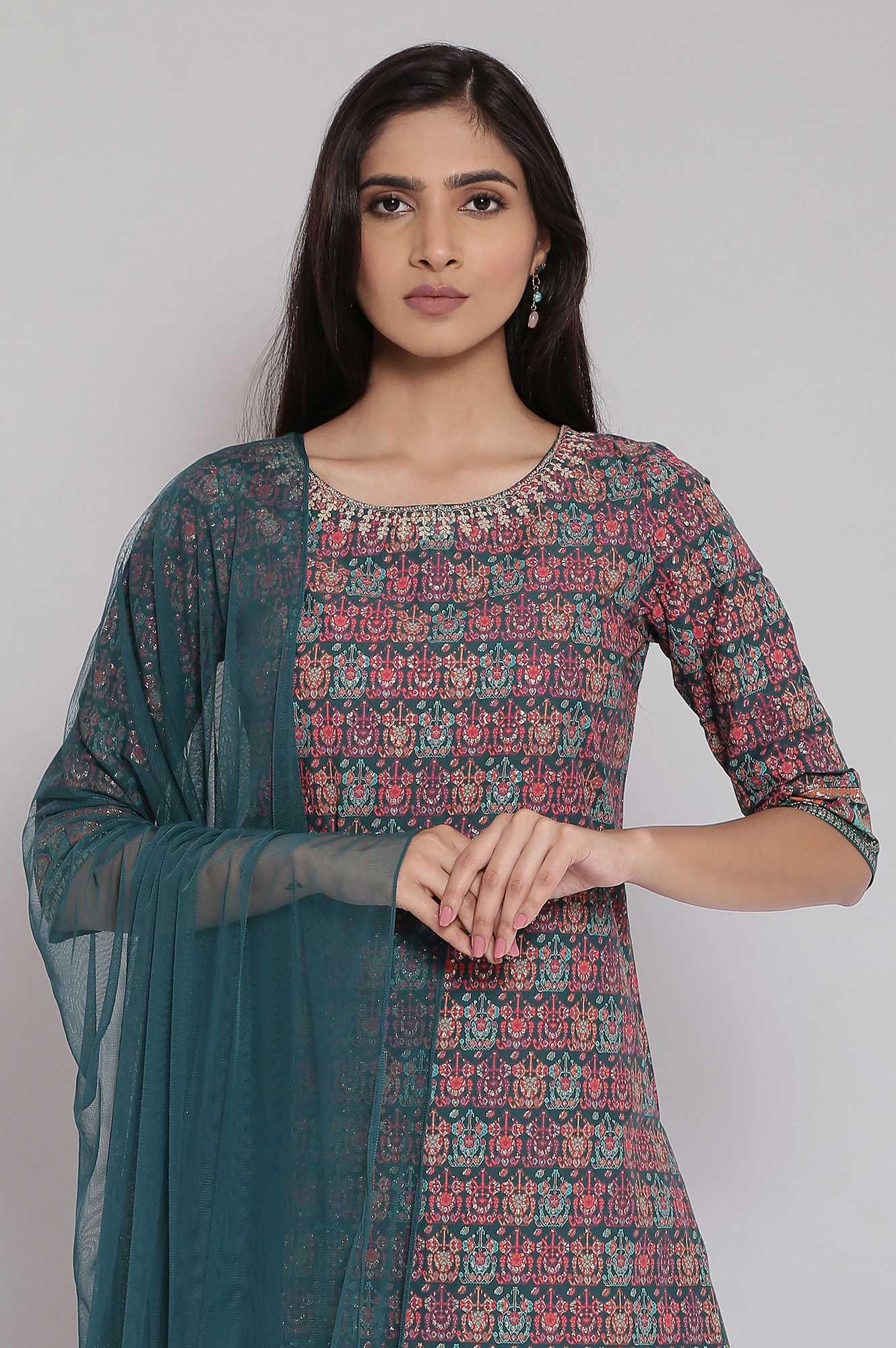 Green Printed Straight kurta-Culottes-Dupatta Set - wforwoman