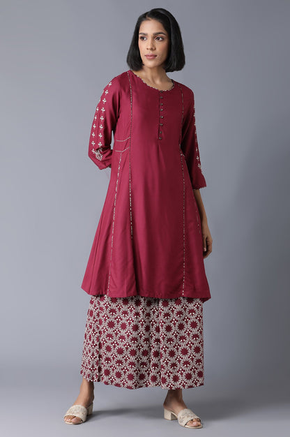 Maroon Round Neck kurta-Printed Flared Pants Set