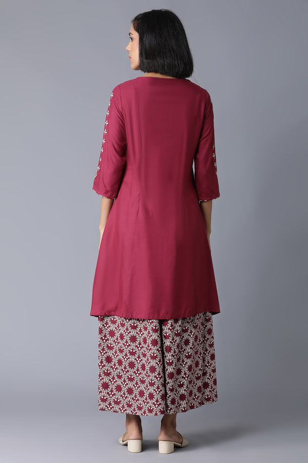 Maroon Round Neck kurta-Printed Flared Pants Set