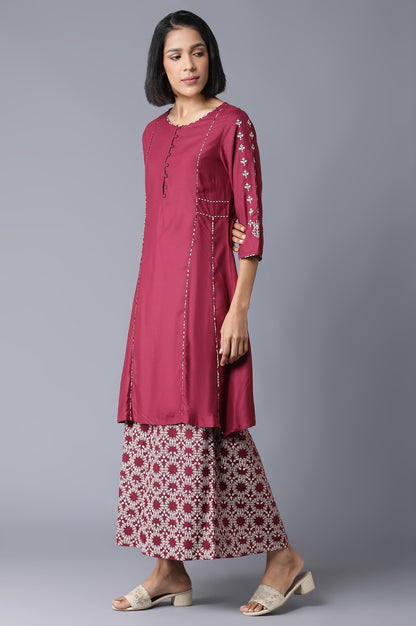 Maroon Round Neck kurta-Printed Flared Pants Set