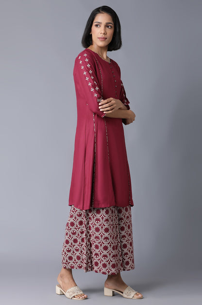 Maroon Round Neck kurta-Printed Flared Pants Set