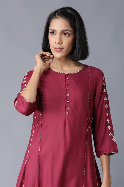 Maroon Round Neck kurta-Printed Flared Pants Set