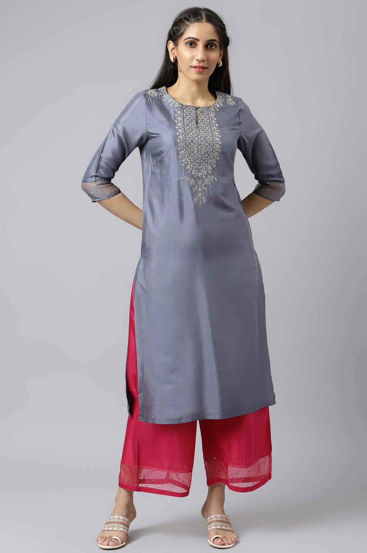 Blue Embroidered Straight kurta-Parallel Pants-Dupatta Set - XS