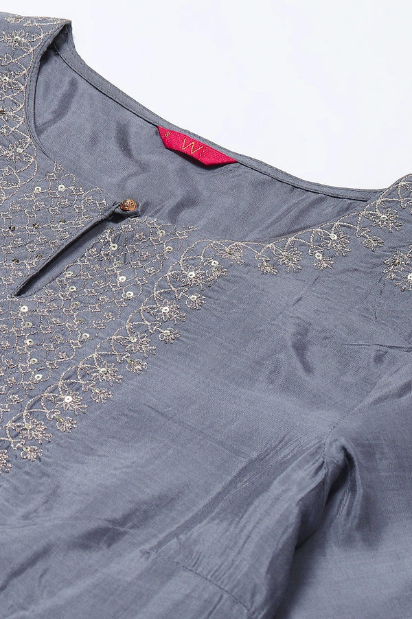 Blue Embroidered Straight kurta-Parallel Pants-Dupatta Set