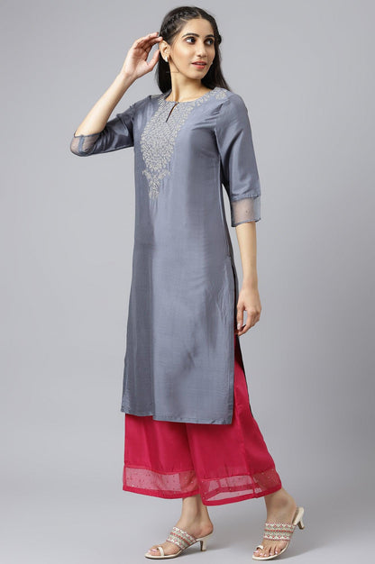 Blue Embroidered Straight kurta-Parallel Pants-Dupatta Set - wforwoman