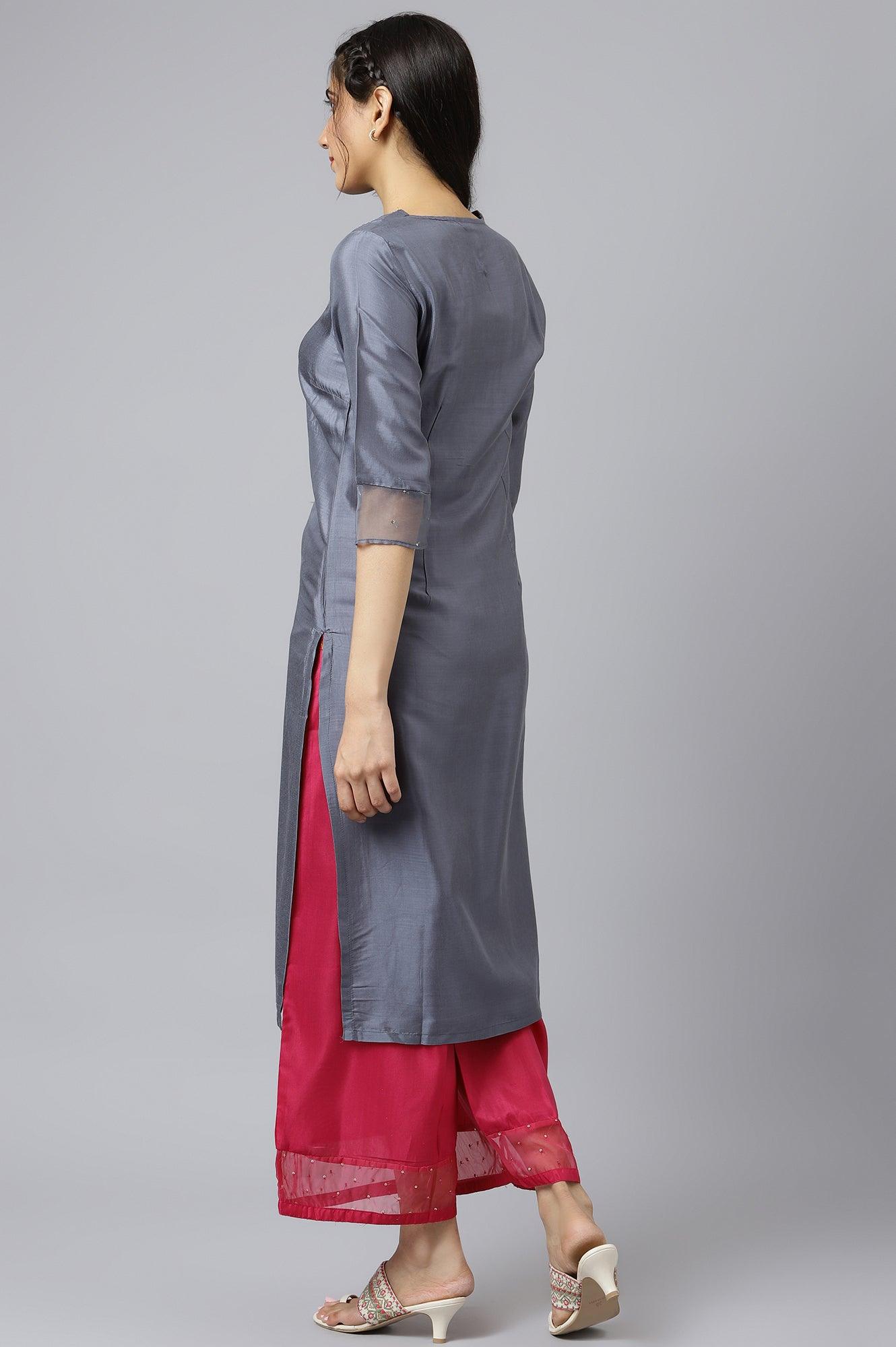 Blue Embroidered Straight kurta-Parallel Pants-Dupatta Set - wforwoman