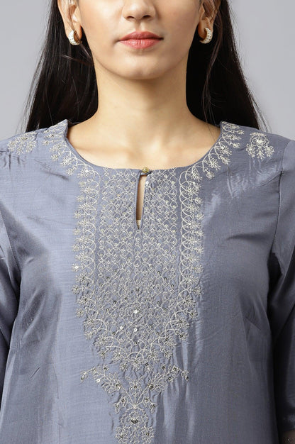 Blue Embroidered Straight kurta-Parallel Pants-Dupatta Set - wforwoman