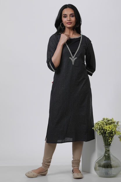 Black Embroidered Straight Kurta And Churidar Set