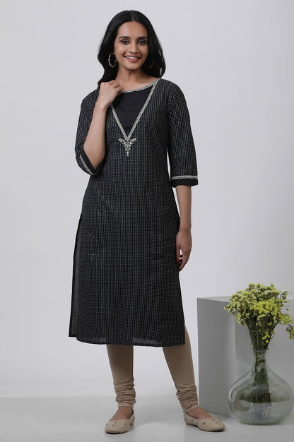 Black Embroidered Straight Kurta And Churidar Set