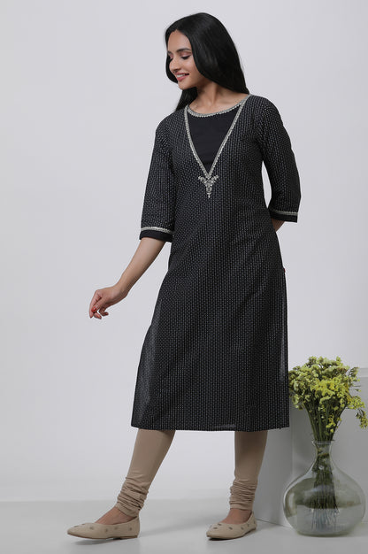 Black Embroidered Straight Kurta And Churidar Set