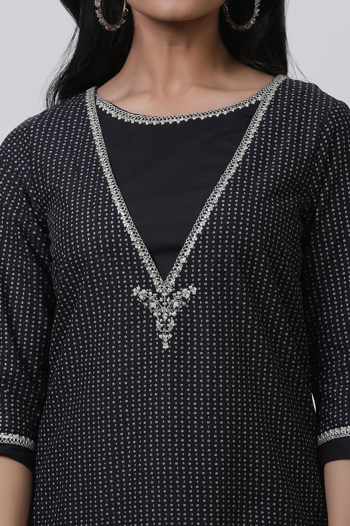 Black Embroidered Straight Kurta And Churidar Set