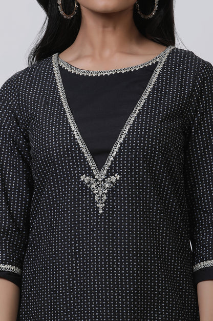 Black Embroidered Straight Kurta And Churidar Set