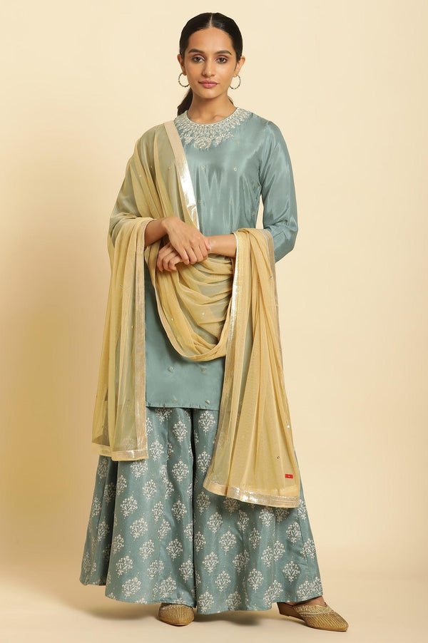 Blue Embroidered Round Neck kurta-Printed Culottes-Dupatta Set