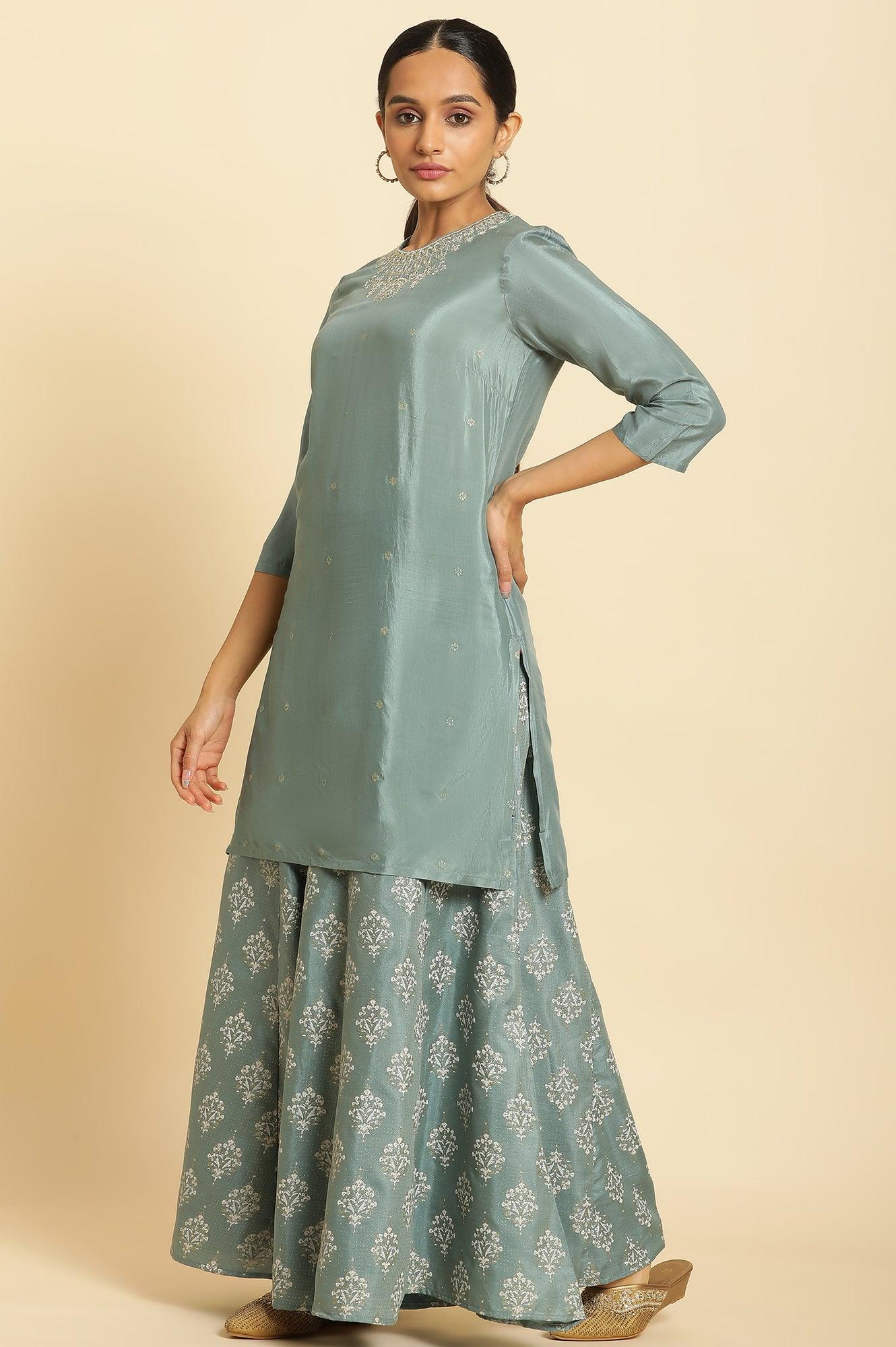 Blue Embroidered Round Neck kurta-Printed Culottes-Dupatta Set - wforwoman