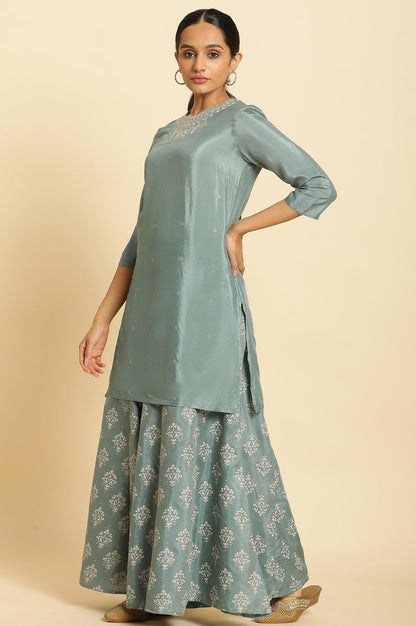 Blue Embroidered Round Neck kurta-Printed Culottes-Dupatta Set - wforwoman