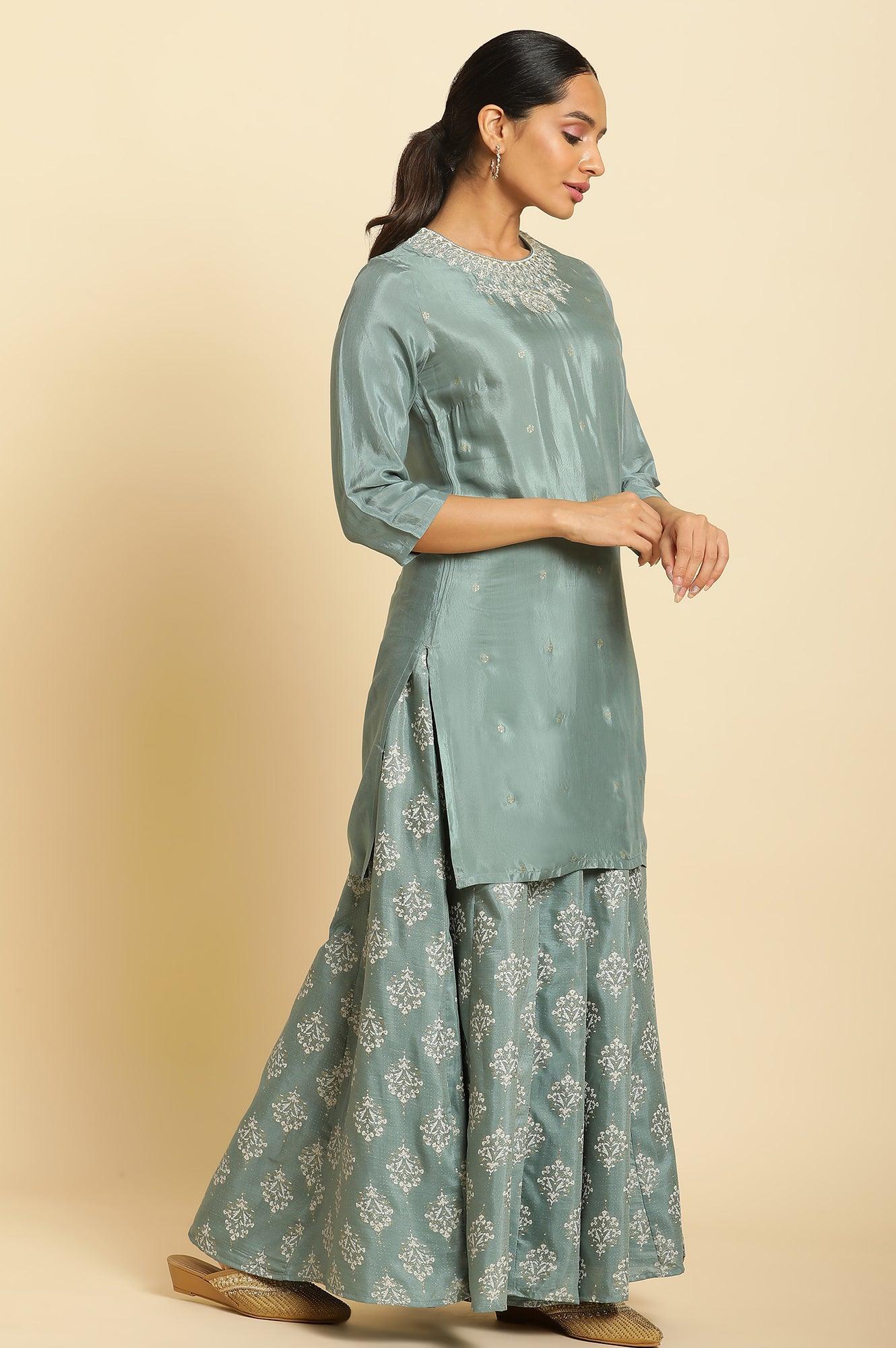 Blue Embroidered Round Neck kurta-Printed Culottes-Dupatta Set - wforwoman