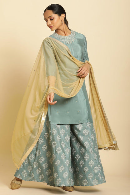 Blue Embroidered Round Neck kurta-Printed Culottes-Dupatta Set - wforwoman