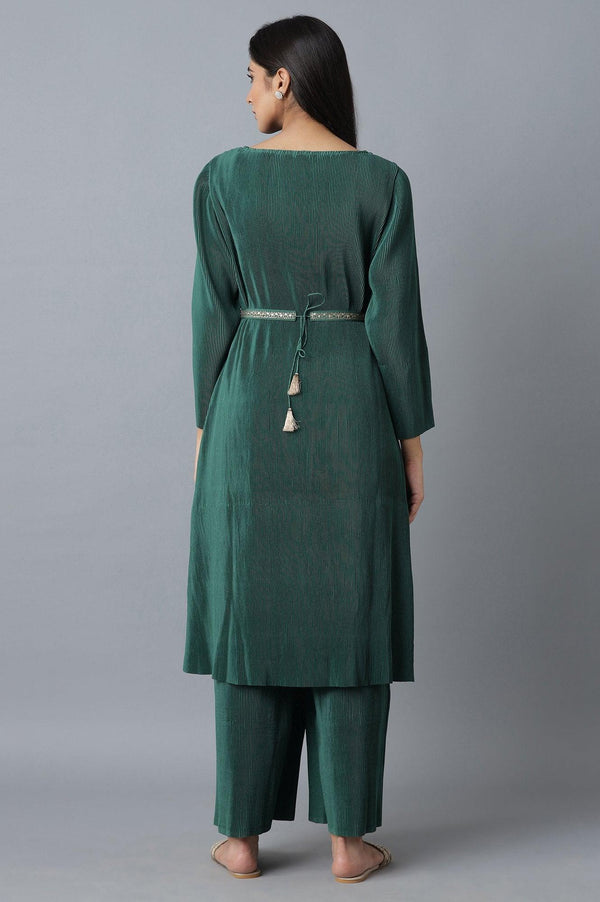 Deep Green Pleated kurta-Parallel Pants Set