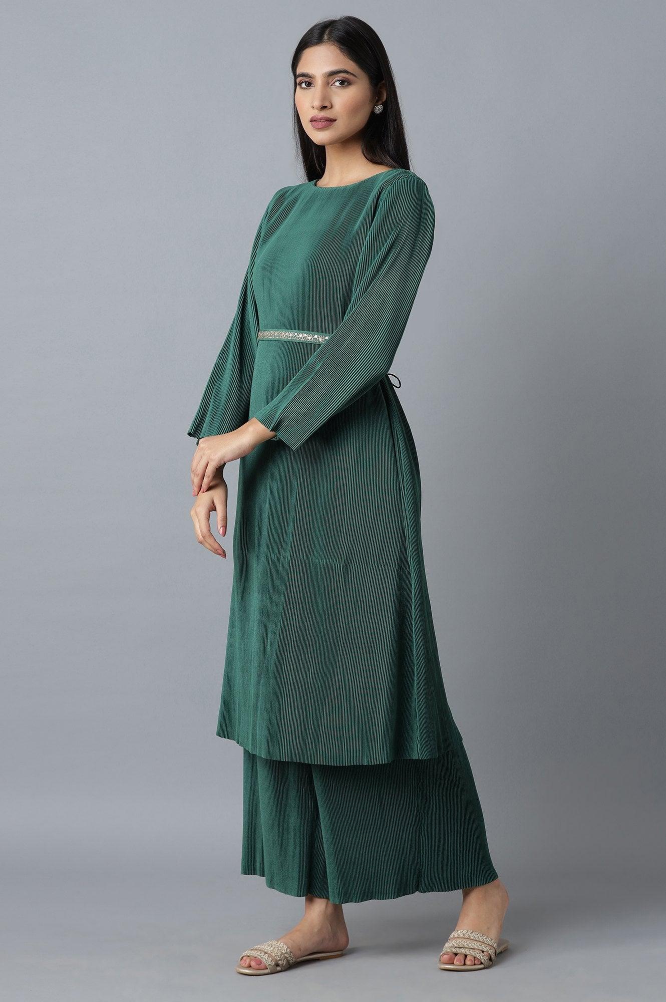 Deep Green Pleated kurta-Parallel Pants Set - wforwoman