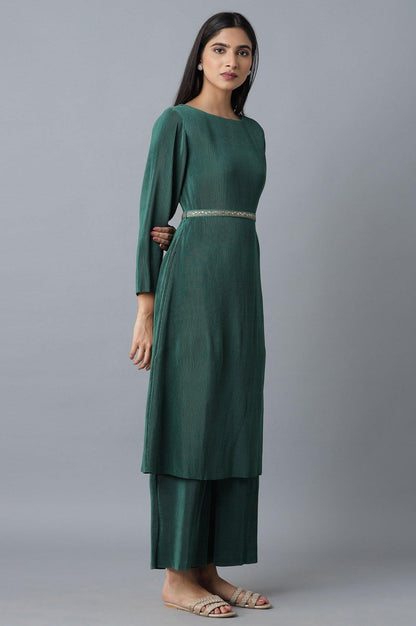Deep Green Pleated kurta-Parallel Pants Set - wforwoman