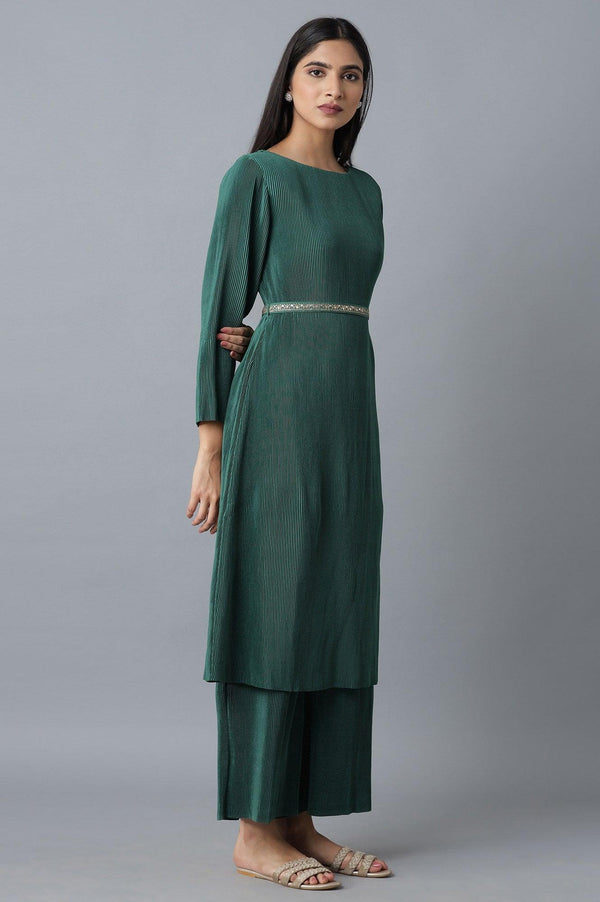 Deep Green Pleated kurta-Parallel Pants Set