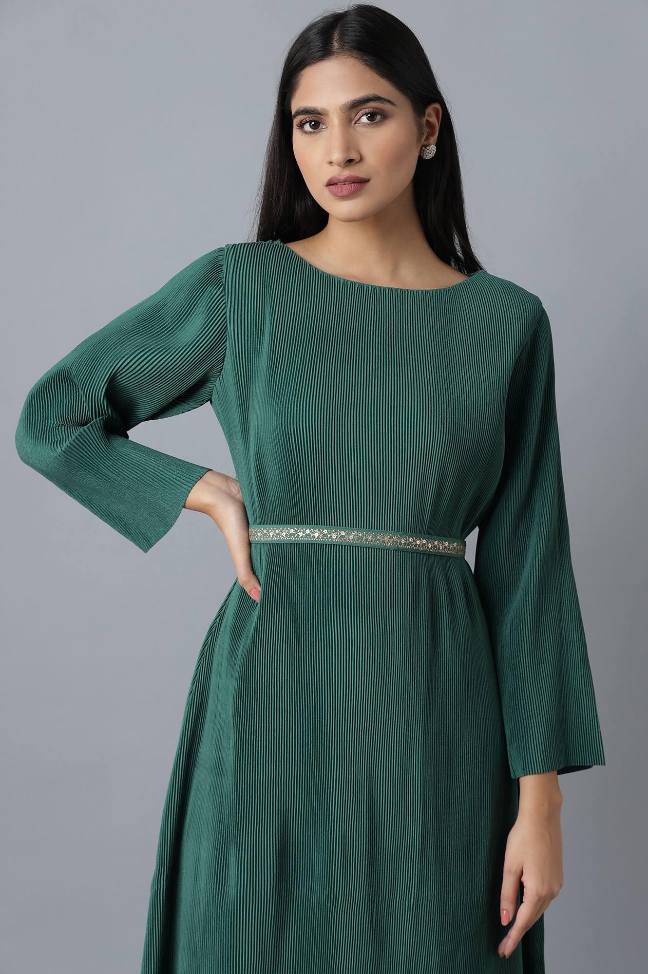 Deep Green Pleated kurta-Parallel Pants Set - wforwoman
