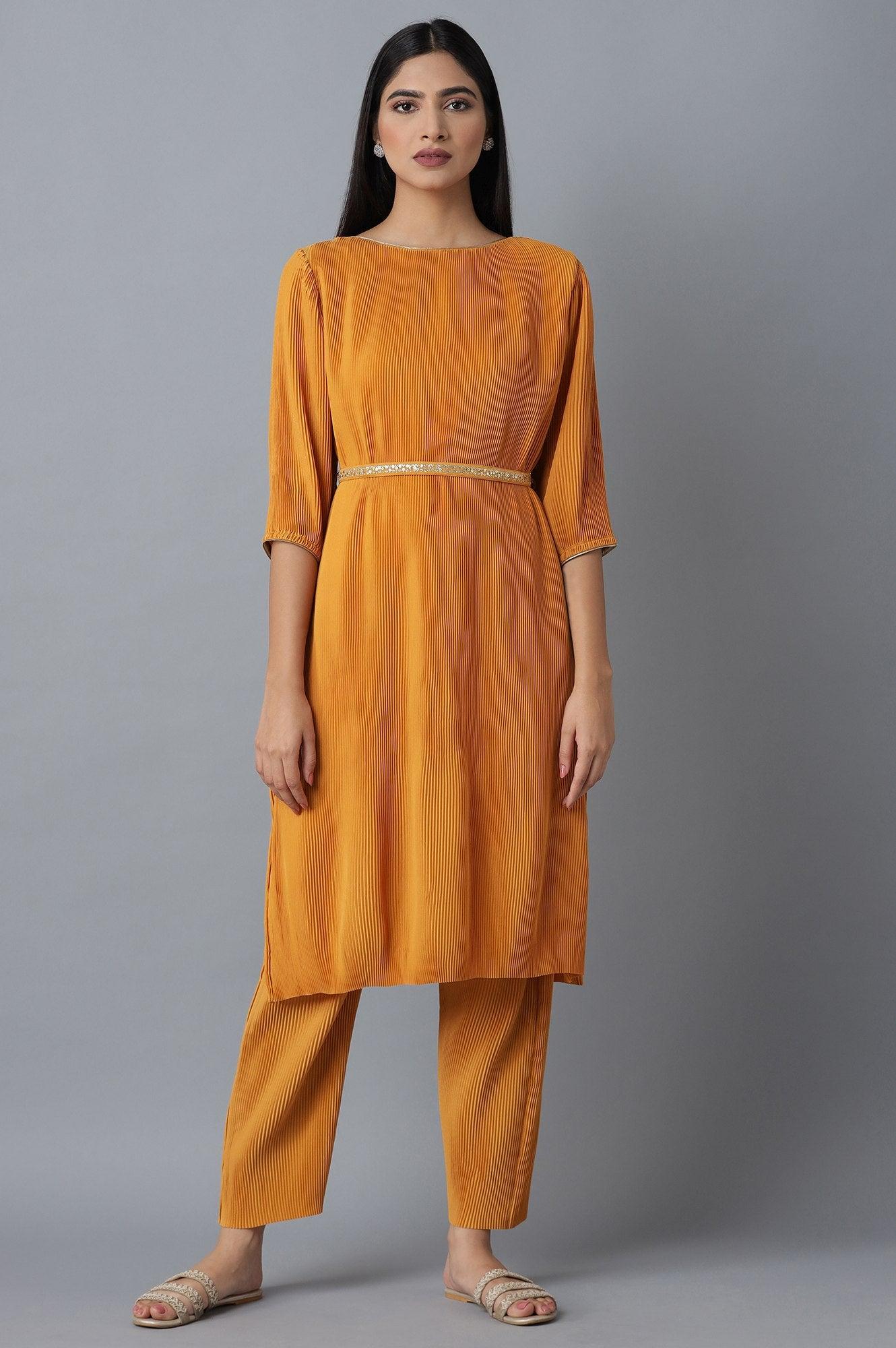 Orange Pleated kurta-Slim Pants Set - wforwoman