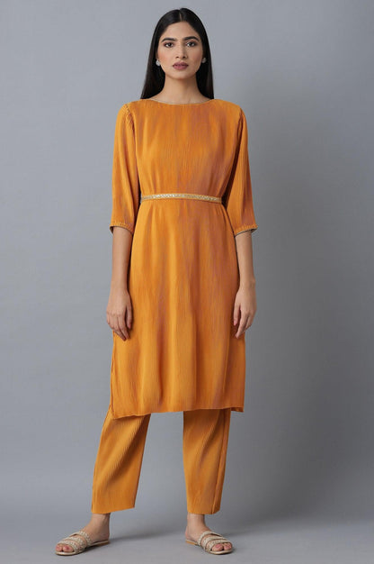 Orange Pleated kurta-Slim Pants Set - wforwoman