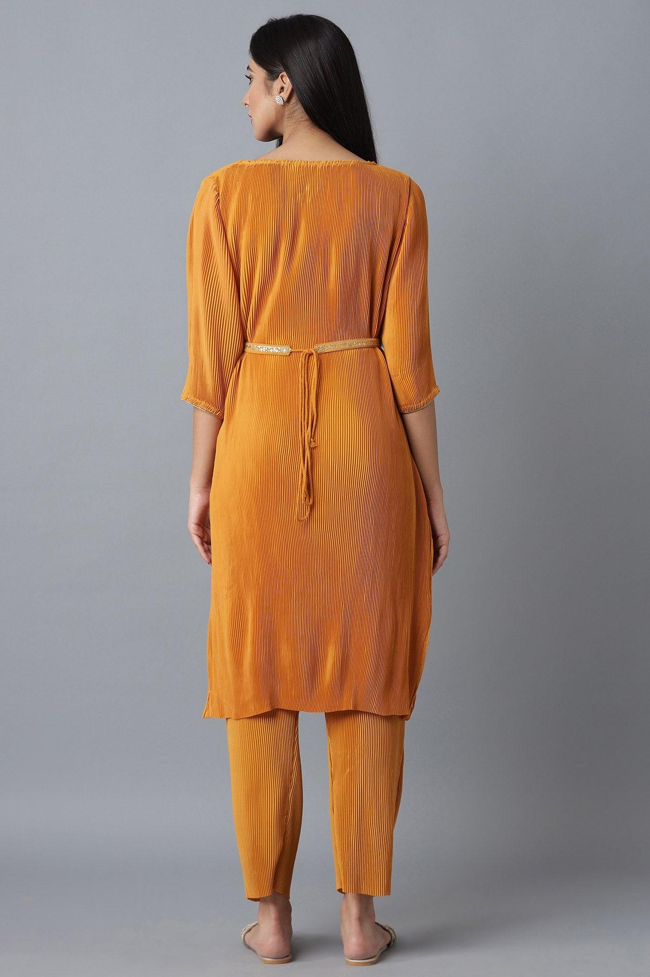Orange Pleated kurta-Slim Pants Set - wforwoman