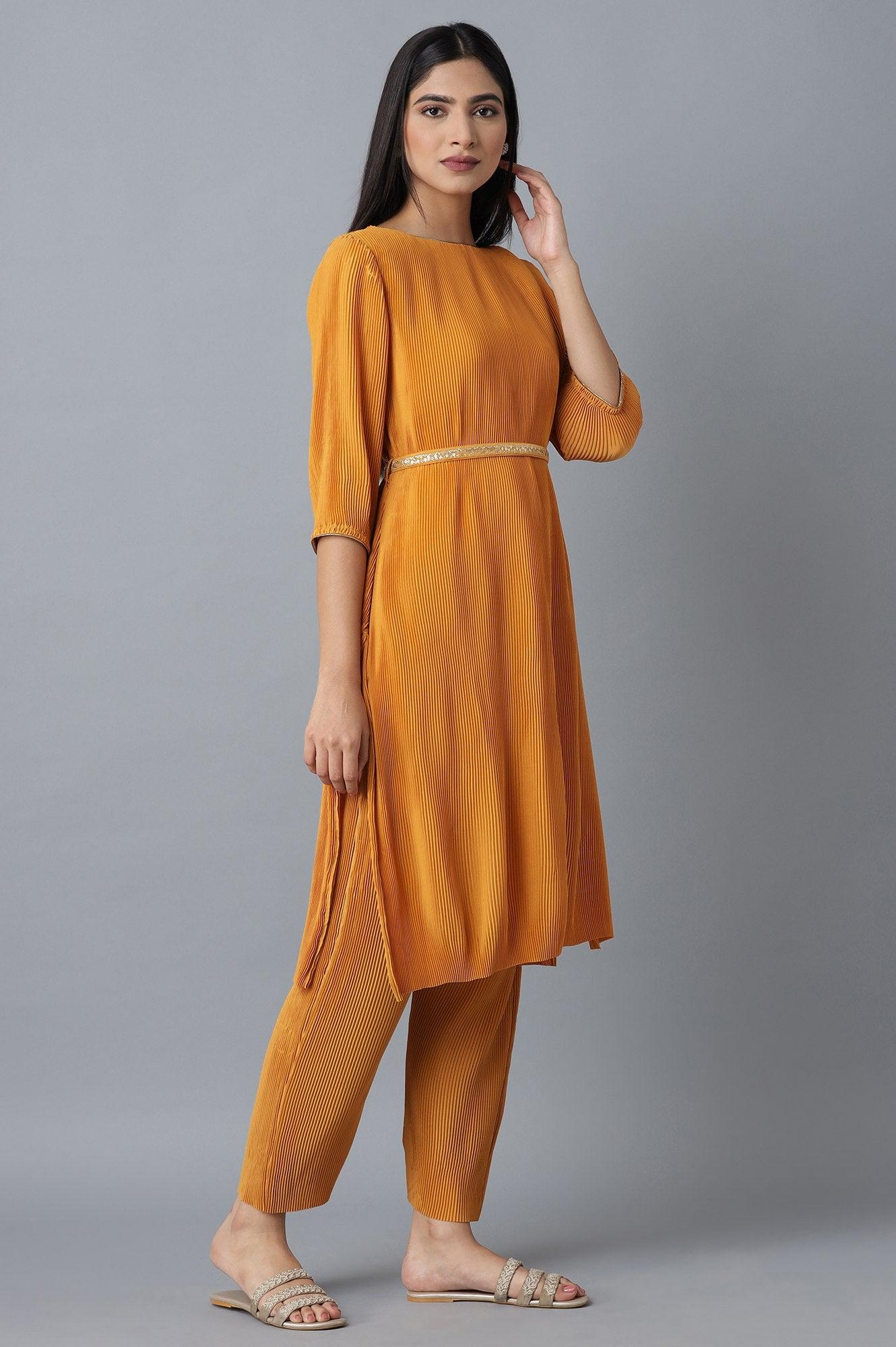 Orange Pleated kurta-Slim Pants Set - wforwoman