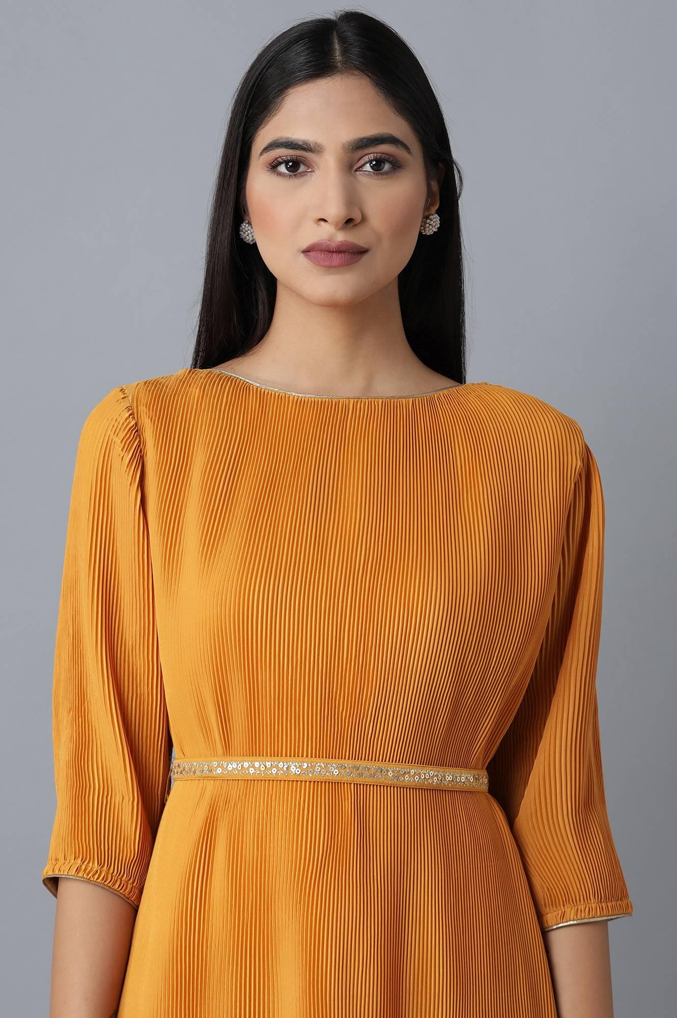 Orange Pleated kurta-Slim Pants Set - wforwoman