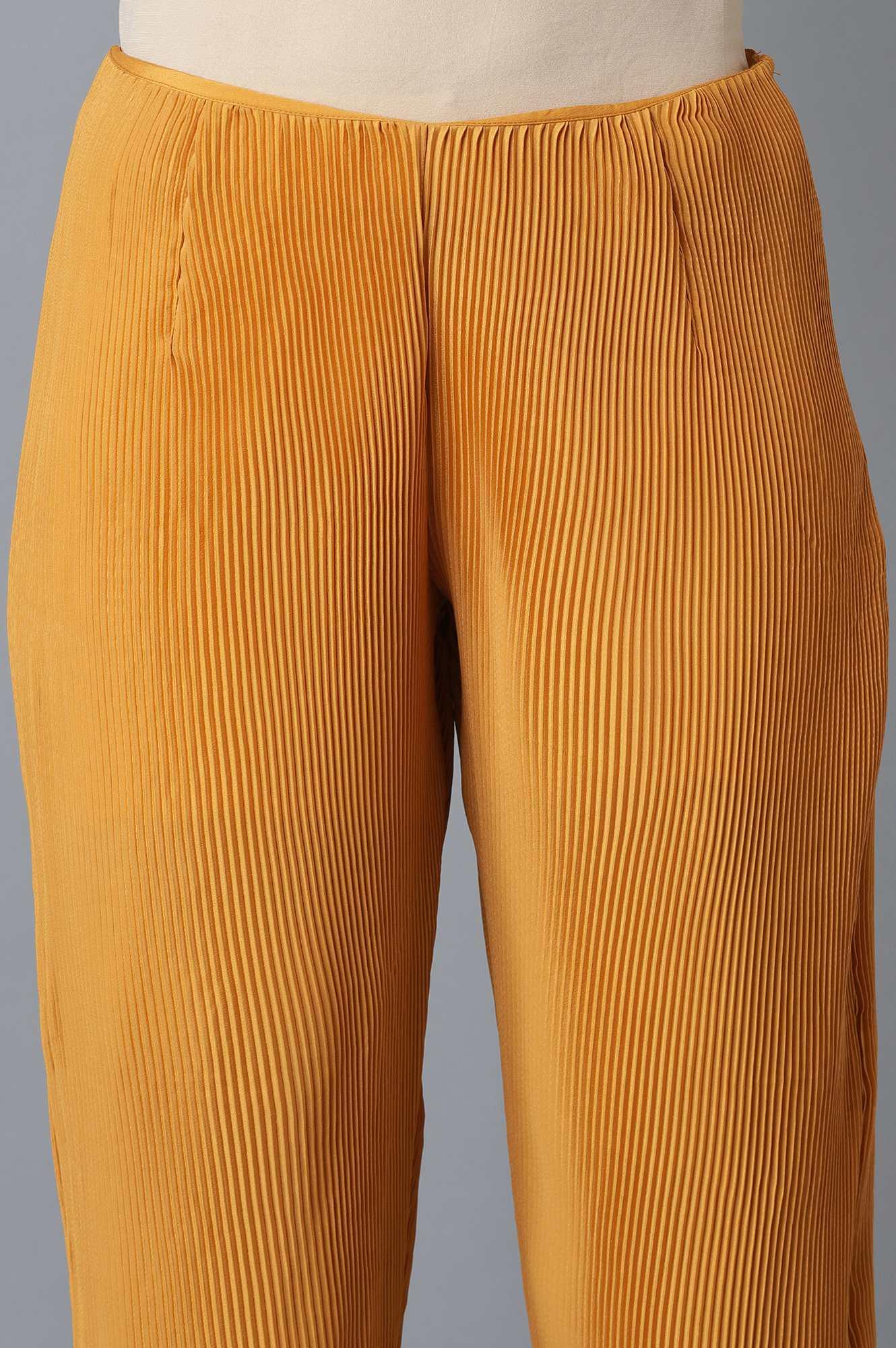 Orange Pleated kurta-Slim Pants Set - wforwoman