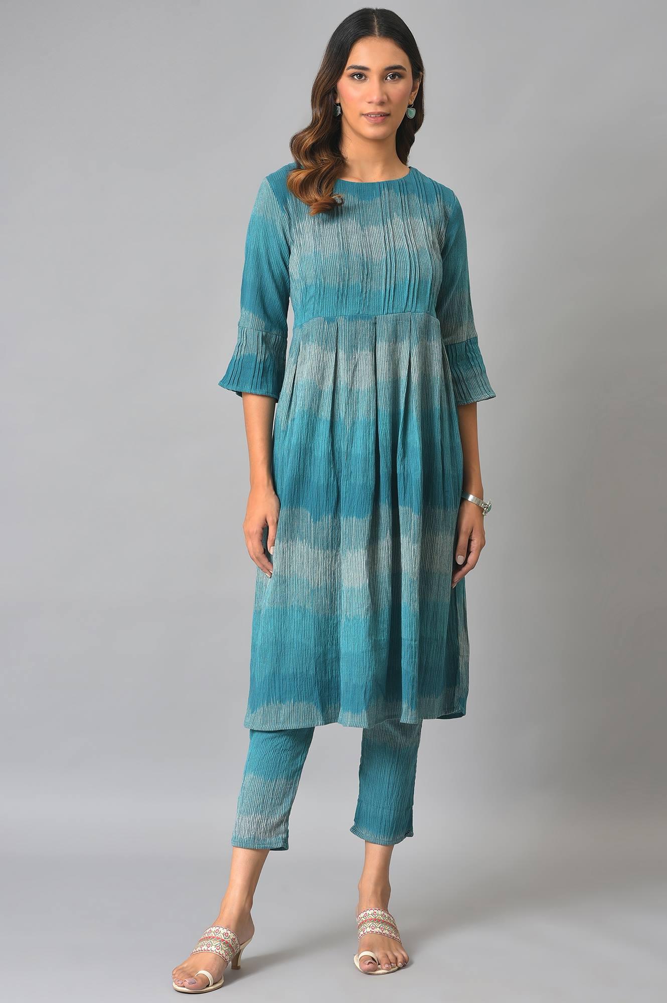 Teal Yarn-Dyed Ikkat Crepe kurta And Straight Pants Set - wforwoman