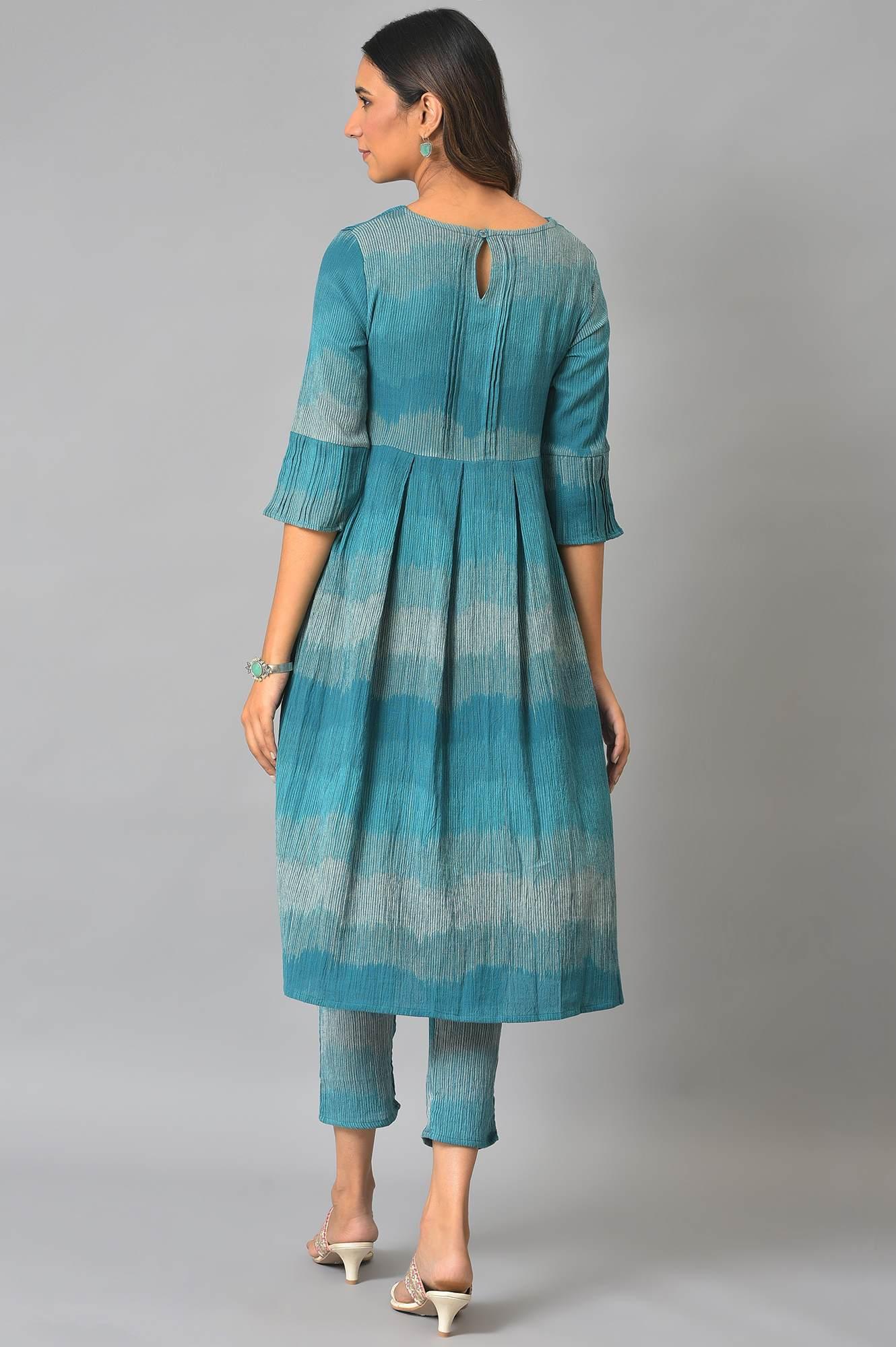 Teal Yarn-Dyed Ikkat Crepe kurta And Straight Pants Set - wforwoman