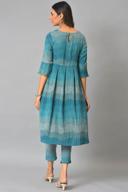 Teal Yarn-Dyed Ikkat Crepe kurta And Straight Pants Set - wforwoman