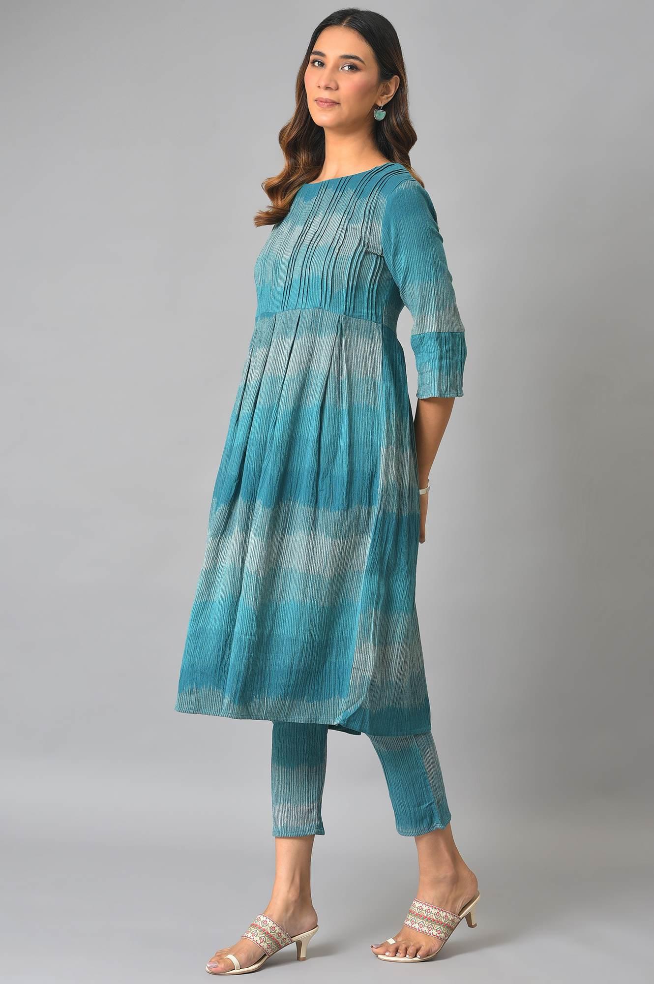 Teal Yarn-Dyed Ikkat Crepe kurta And Straight Pants Set - wforwoman