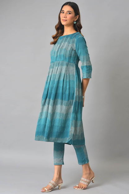 Teal Yarn-Dyed Ikkat Crepe kurta And Straight Pants Set - wforwoman