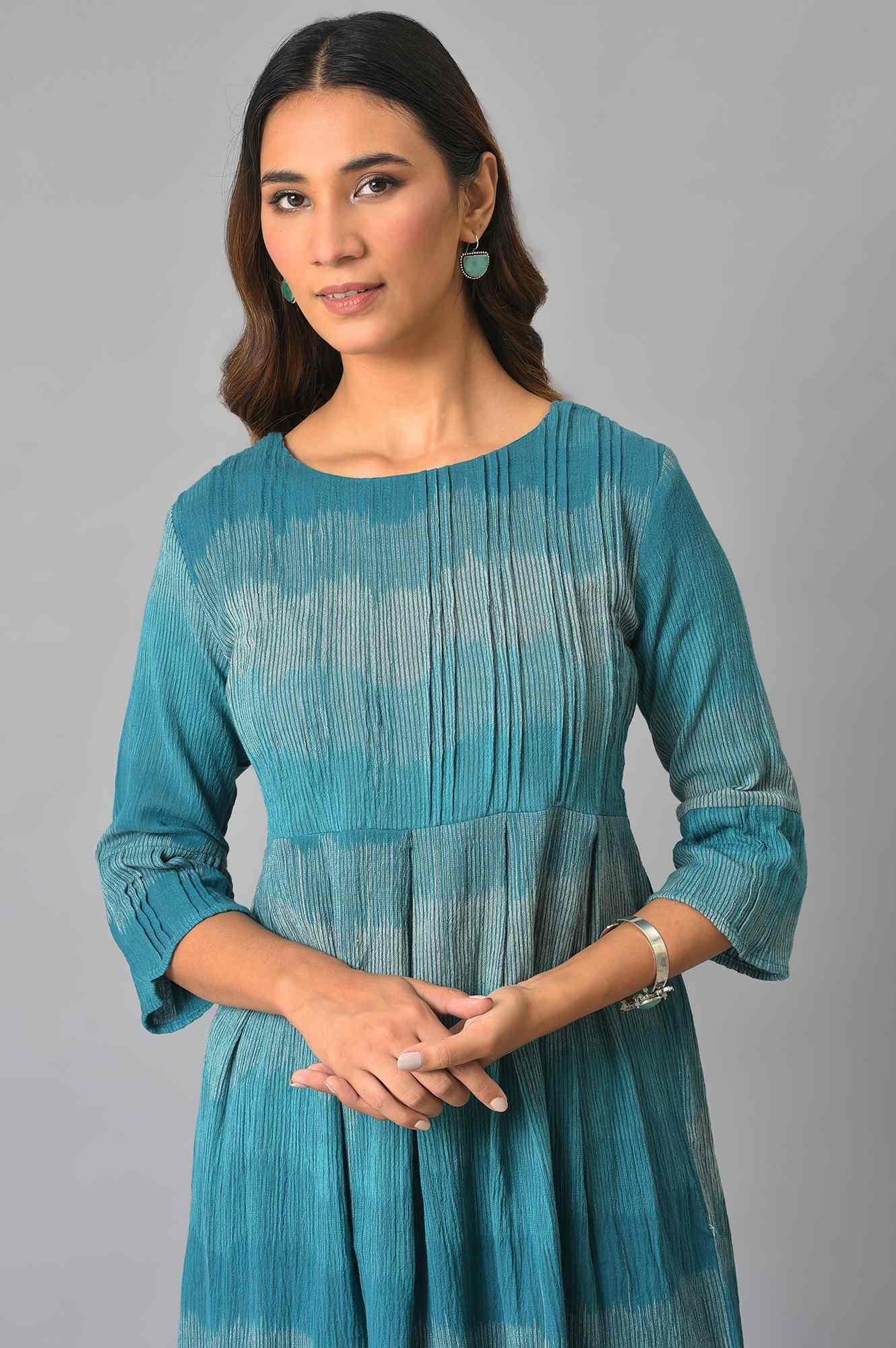 Teal Yarn-Dyed Ikkat Crepe kurta And Straight Pants Set - wforwoman