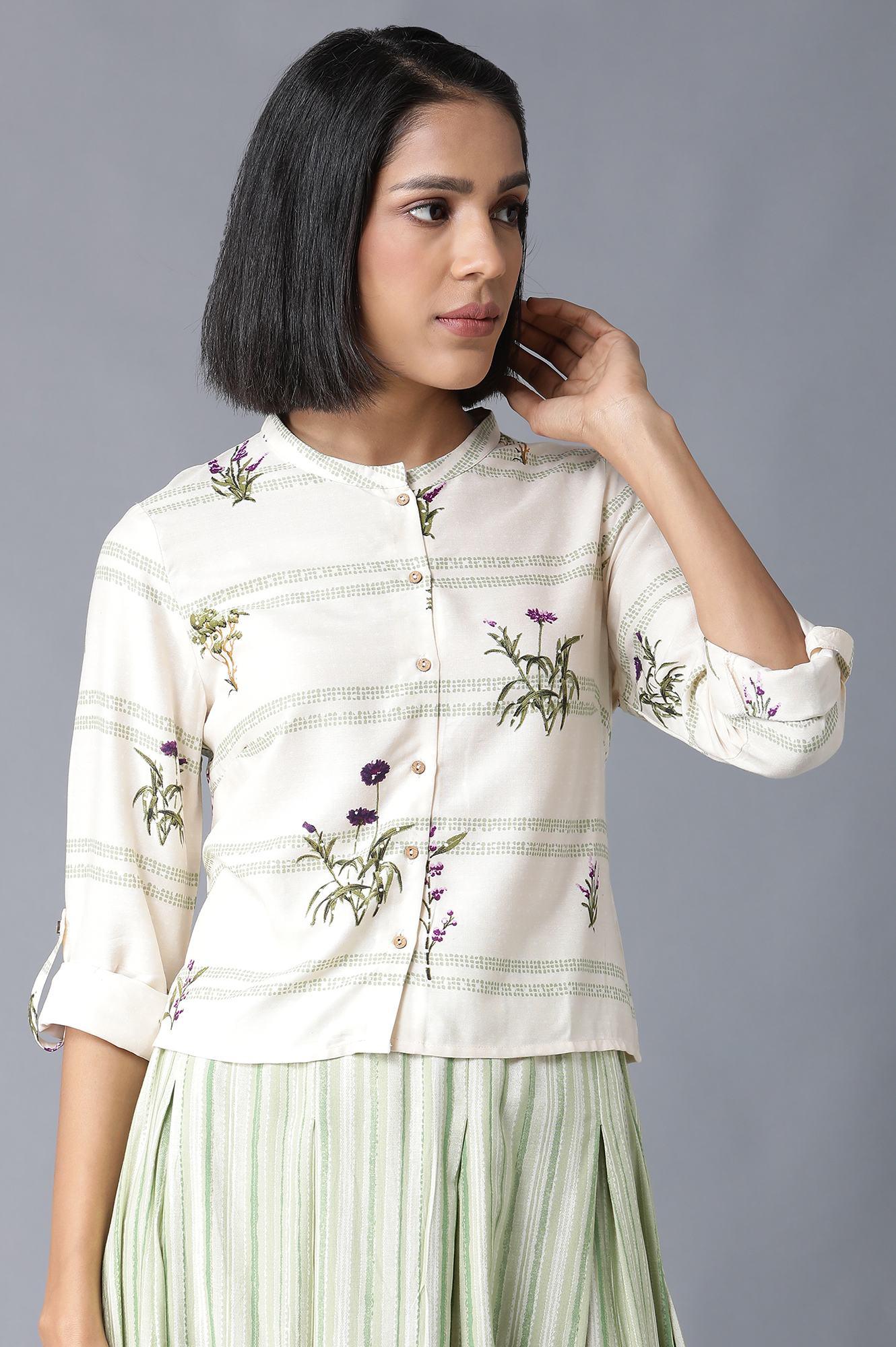 Ecru Printed Top With Flared Skirt - wforwoman