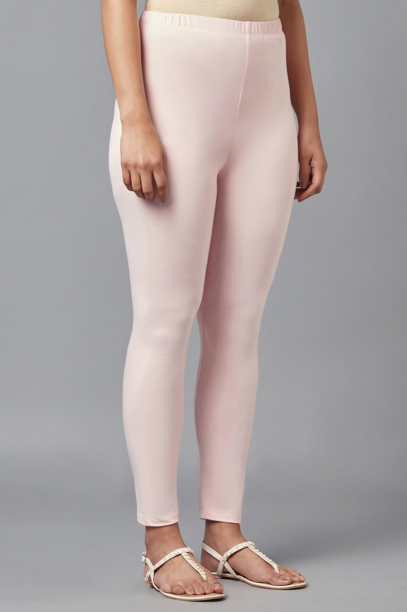 Light Pink Solid Skinny-fit Cotton Tights with Elasticated Waist