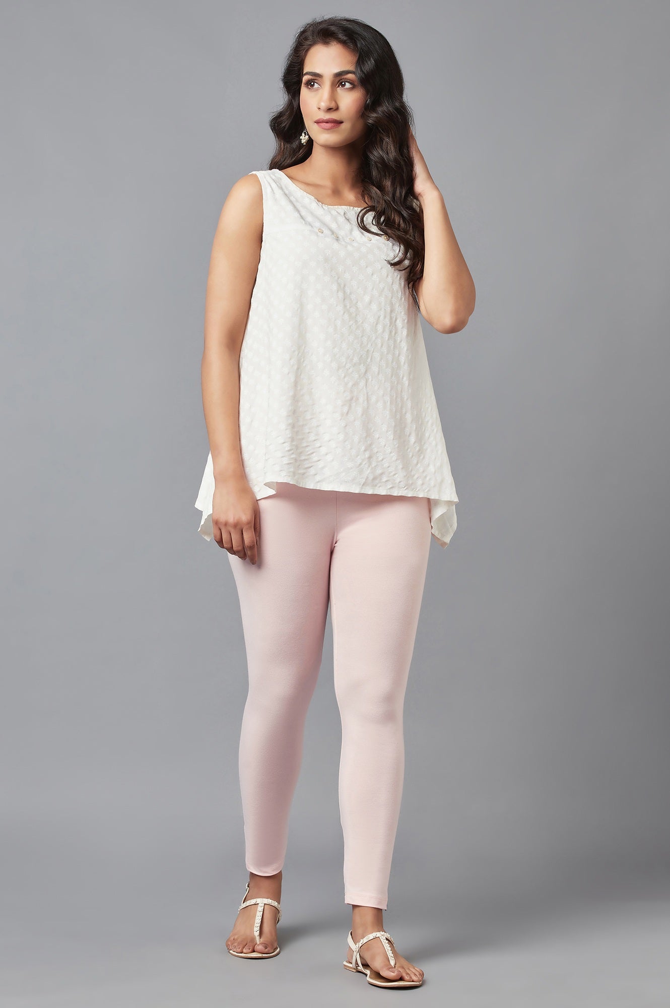 Light Pink Solid Skinny-fit Cotton Tights with Elasticated Waist